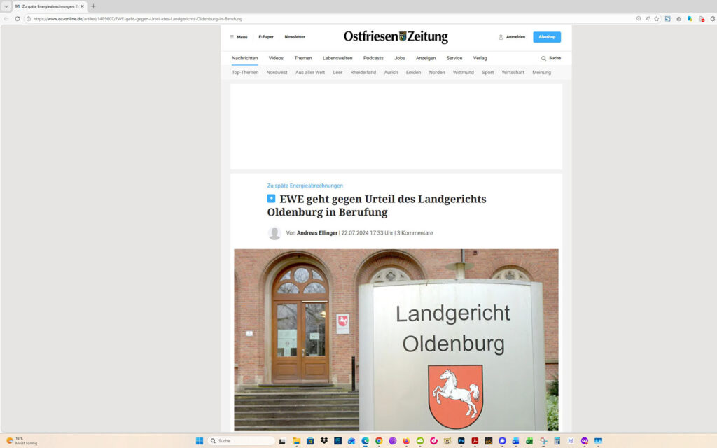 Der Artikel auf der Homepage der Ostfriesen-Zeitung. Screenshot: ewe-recherche.de