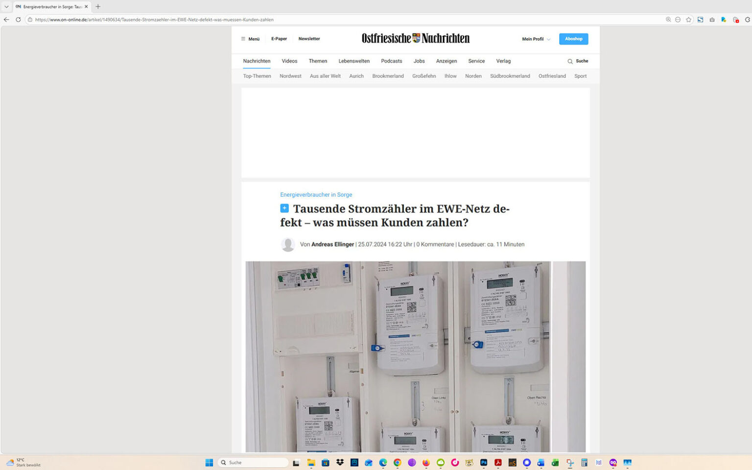 Der Artikel auf der Homepage der Ostfriesischen Nachrichten. Screenshot: ewe-recherche.de