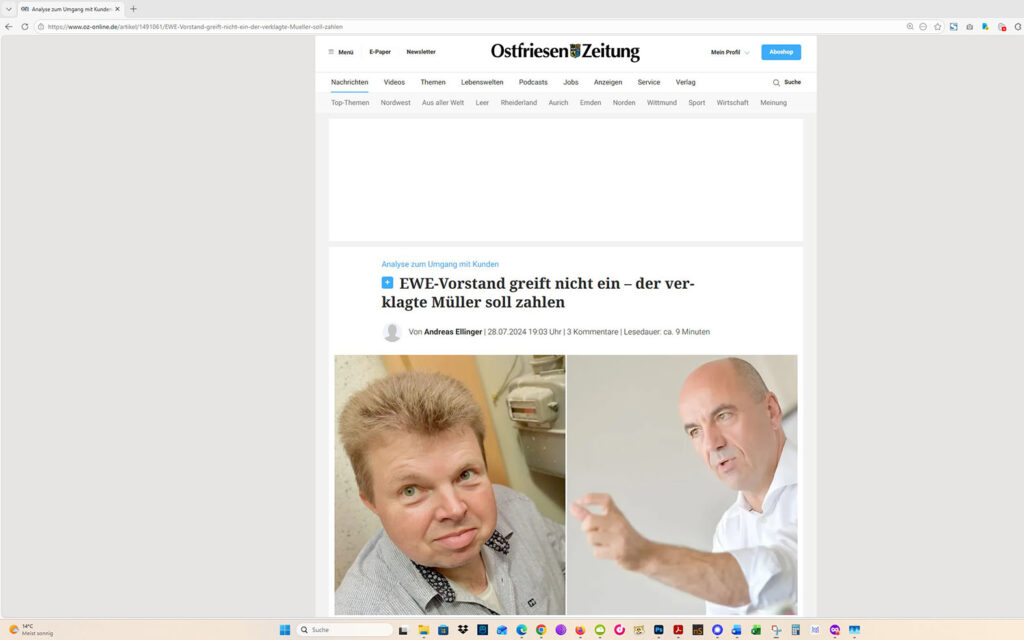 Der Artikel auf der Homepage der Ostfriesen-Zeitung. Screenshot: ewe-recherche.de