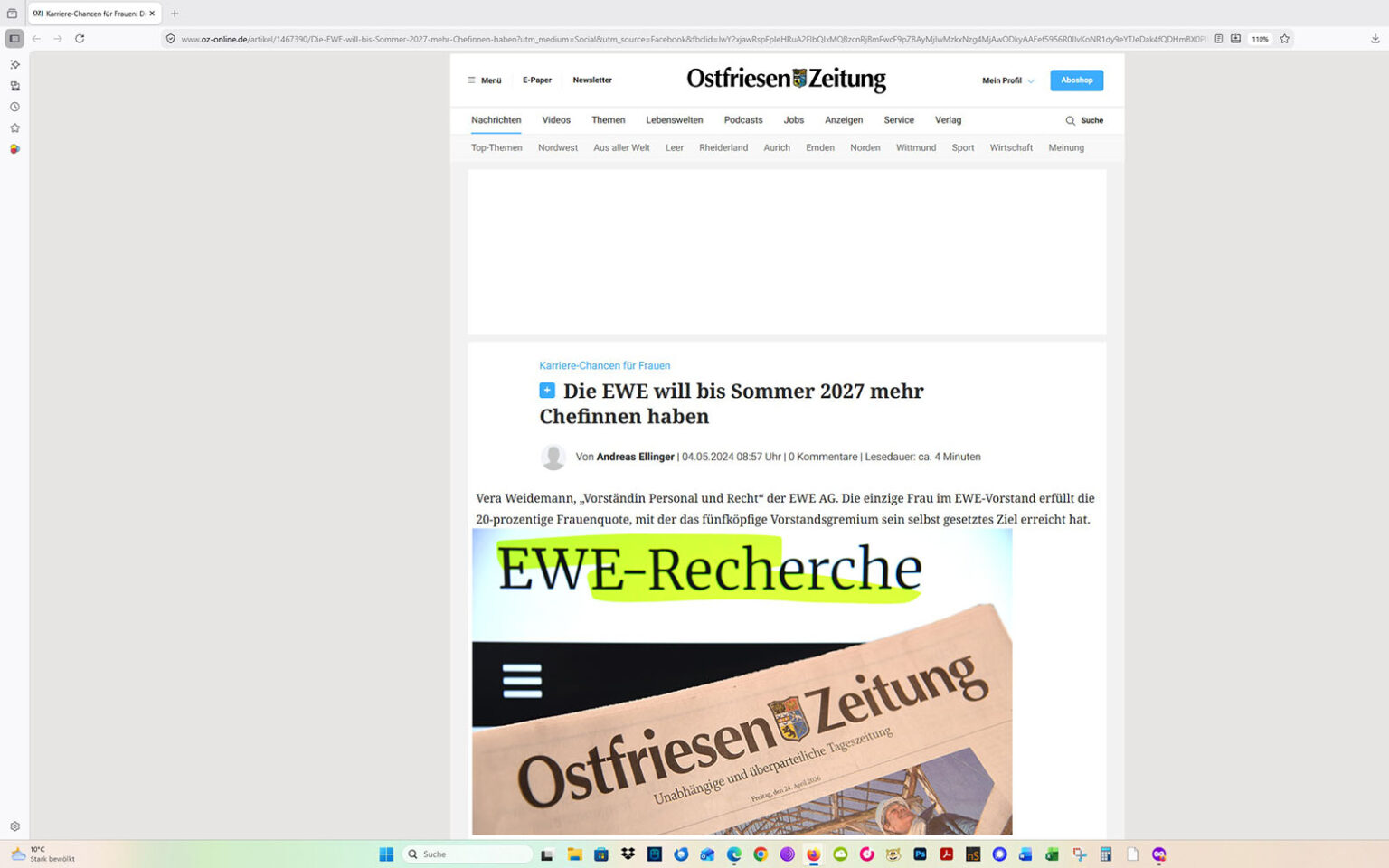So entwickelte sich das Rercherche-Projekt: Ein Artikel auf der Homepage der Ostfriesen-Zeitung, mit eingeblocktem EWE-Recherche-Foto. Screenshot/Foto/Montage: ewe-recherche.de