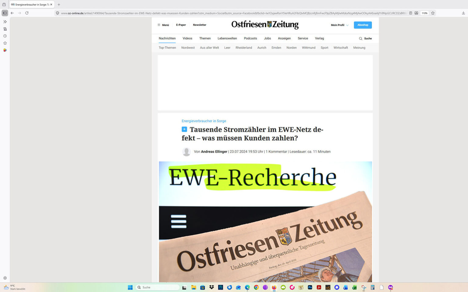 So entwickelte sich das Rercherche-Projekt: Ein Artikel auf der Homepage der Ostfriesen-Zeitung, mit eingeblocktem EWE-Recherche-Foto. Screenshot/Foto/Montage: ewe-recherche.de