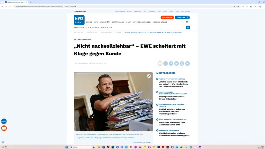 Der Artikel auf der Homepage der Nordwest-Zeitung. Screenshot: ewe-recherche.de