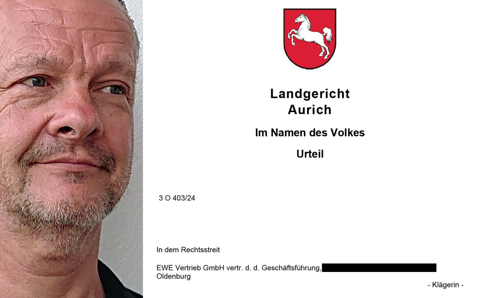 Der EWE-Bezwinger: Andreas Vogt wurde von seinem Energieversorger verklagt – und hat vor dem Landgericht Aurich gewonnen. Foto: privat / Montage: ewe-recherche.de